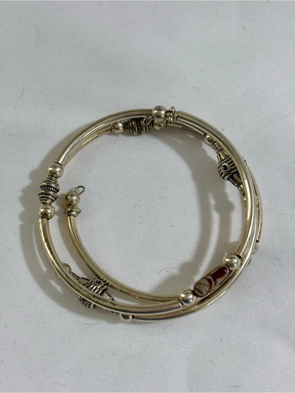 Vintage Genuine Stone Memory Wire Wrap Silver Tone Bracelet